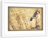 Foto in frame , Vrouw met bladmuziek ,120x80cm , beige bruin , wanddecoratie