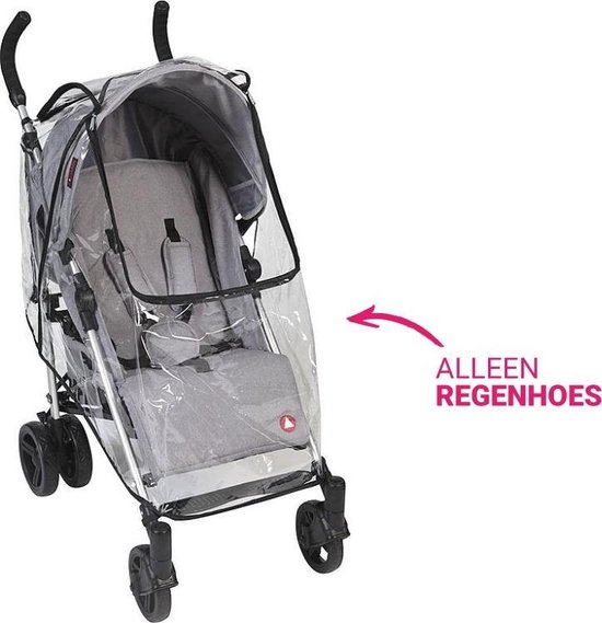 Grijze buggy met transparante regenhoes, met pijl en tekst 'ALLEEN REGENHOES'.
