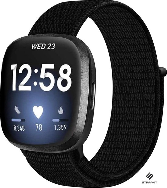 Strap-it Nylon smartwatch bandje - geschikt voor Fitbit Sense / Fitbit Versa 3 - zwart