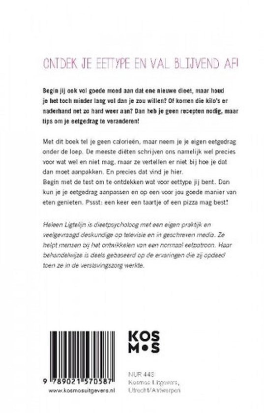 Boekcover met tekst 'Ontdek je eettype en val blijvend af' en een barcode.