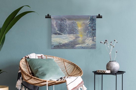 Wandkleed Bossen en bomen illustratie - Een illustratie van een winters bos Wandkleed katoen 60x45 cm - Wandtapijt met foto