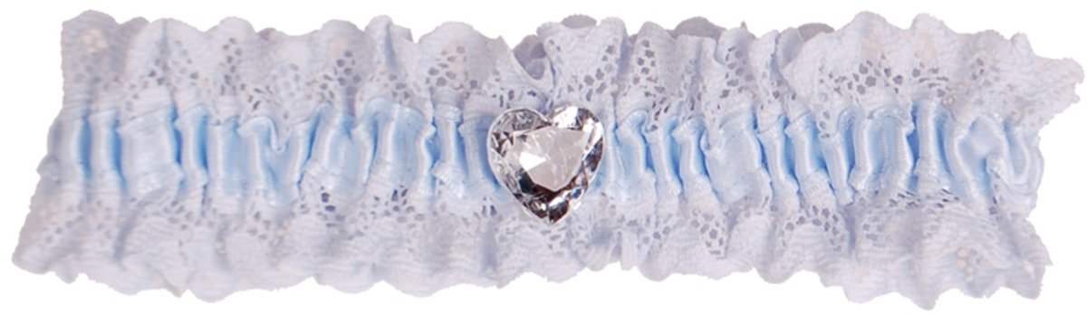 Kousenband blauw met kant en strass hartje
