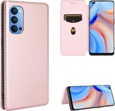 Voor OPPO Reno4 5G Koolstofvezel Textuur Magnetische Horizontale Flip TPU + PC + PU lederen tas met kaartsleuf (roze)