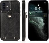 Schokbestendig PU-leer + TPU-beschermhoes met kaartsleuf en lanyard voor iPhone 12 mini (zwart)