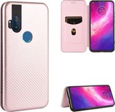 Voor Motorola Moto One Hyper Carbon Fiber Texture Magnetische Horizontale Flip TPU + PC + PU Leather Case met Touw & Kaartsleuf (Roze)