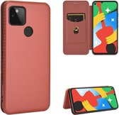 Voor Google Pixel 4A 5G Koolstofvezel Textuur Magnetische Horizontale Flip TPU + PC + PU lederen tas met kaartsleuf (bruin)