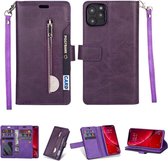 Voor iPhone 11 Pro Multifunctionele Rits Horizontale Flip Leren Case met Houder & Portemonnee & 9 Kaartsleuven & Lanyard (Paars)