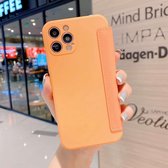 Imiteer vloeibare siliconen horizontale flip lederen hoes met kaartsleuven voor iPhone 12 Mini (oranje)