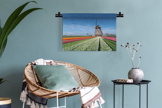 Tenture murale Paysages Nederland - Moulin à vent entre les tulipes aux Nederland Tapisserie coton 60x40 cm - Tapisserie murale avec photo