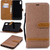 Kleurafstemming Denim Texture Leather Case voor Huawei Honor Play 8A, met houder & kaartsleuven & portemonnee & lanyard (bruin)