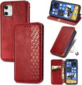 Voor iPhone 12 Pro 6.1 inch Cubic Grid Pressed Horizontal Flip Magnetic PU Leather Case met houder & kaartsleuven & portemonnee (rood)