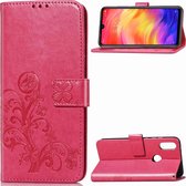 Lucky Clover geperste bloemenpatroon lederen tas voor Xiaomi Redmi Note 7, met houder en kaartsleuven & portemonnee en handriem (roze rood)