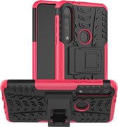 Voor Motorola G8 Play Tire Texture Shockproof TPU + PC beschermhoes met houder (Rose Red)