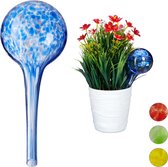 Relaxdays waterdruppelaar 2 stuks - glas - waterbollen voor planten - Ø 6 cm - gekleurd - blauw