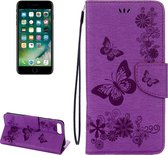 Voor iPhone 8 Plus & 7 Plus vlinders Embossing horizontale flip lederen tas met houder & kaartsleuven & portemonnee & lanyard (paars)