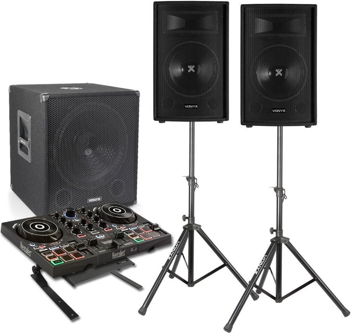 DJ set met Hercules DJ controller - Complete DJ set met 1100W geluidsinstallatie (subwoofer en tops) en Hercules Inpulse 200 controller - Zwart - Hercules