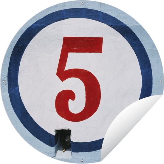 Tuincirkel Een rode nummer 5 in een witte cirkel - 60x60 cm - Ronde Tuinposter - Buiten