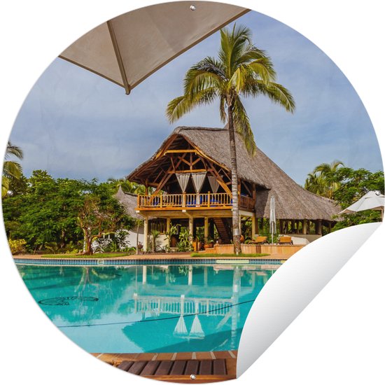 Tuincirkel Tropische villa met groot zwembad - 150x150 cm - Ronde Tuinposter - Buiten