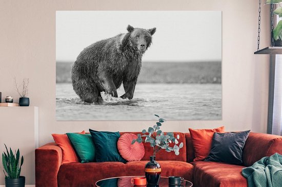 Tableau sur toile tendue représentant un ours grizzly attrapant un poisson  - Décoration murale prête à être accrochée