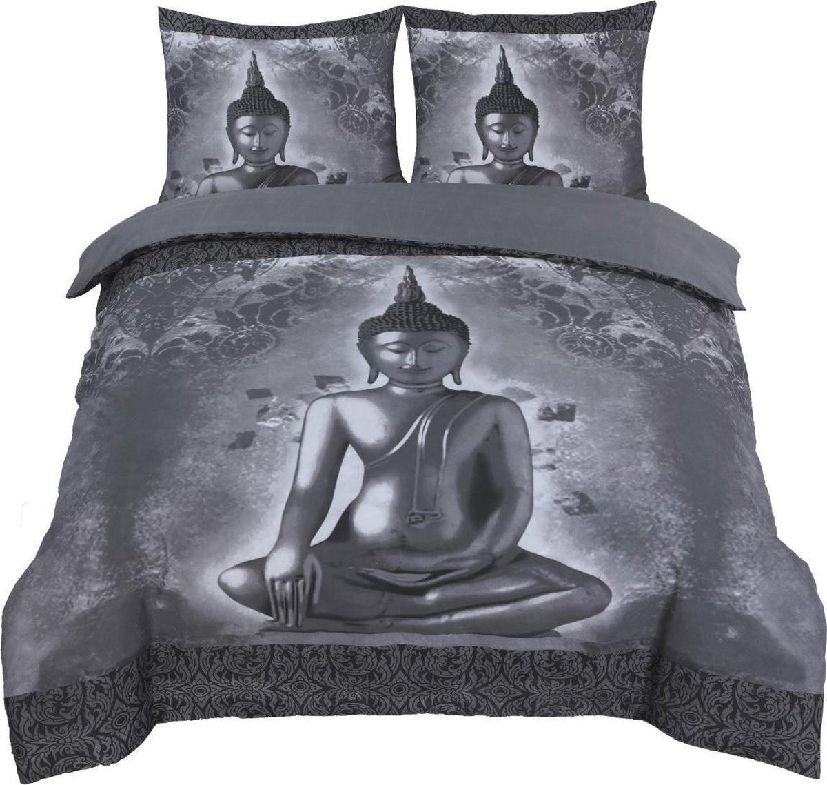 Dekbedovertrek Buddha-Tweepersoons- 200x200/220cm+2 kussenslopen 60x70cmzwart/Grijs