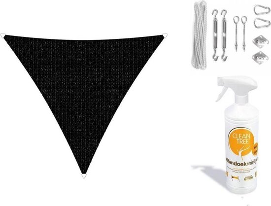 Pack complet: Sunfighters triangle 6x6x6m Zwart avec kit de montage en acier inoxydable et nettoyant pour tissu extérieur