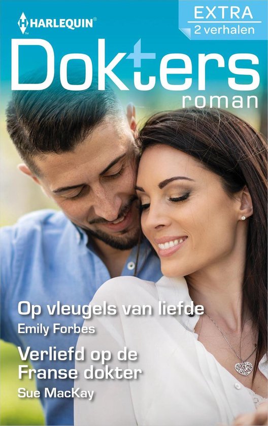 Twee doktersromans van Harlequin: 'Op vleugels van liefde' door Emily Forbes en 'Verliefd op de Franse dokter' door Sue MacKay. Romantische cover met een stel.