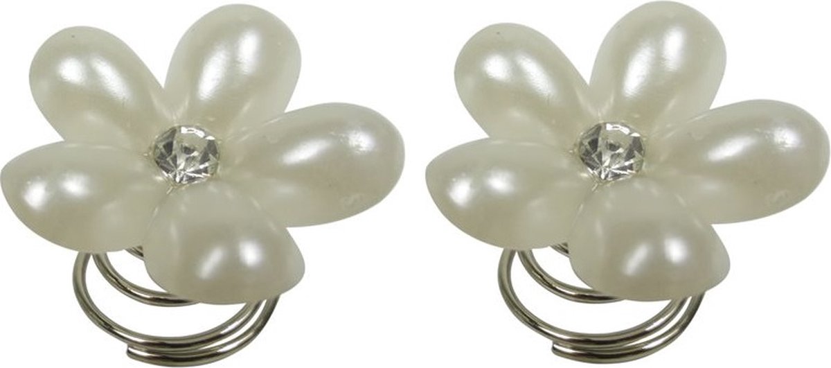 Haarsoires Haarspeld Curlies 2cm - Bloem Parel Strass Steentje - Wit Zilver - Set van 2 - Haarspiralen - Haarversiering voor Opsteekkapsels
