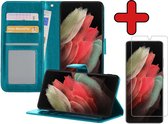 Samsung S21 Ultra Hoesje Book Case Met Screenprotector - Samsung Galaxy S21 Ultra Hoesje Wallet Case Portemonnee Hoes Cover - Turquoise
