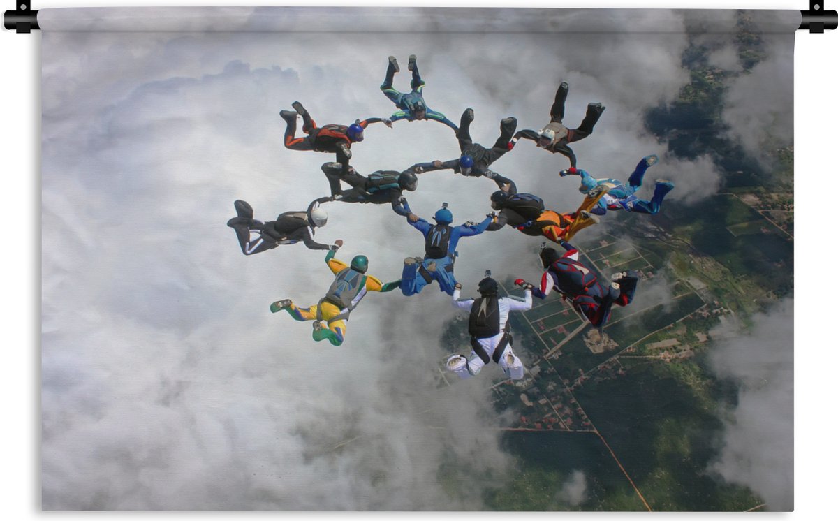 Wandkleed Sky Dive - Skydivers in formatie Wandkleed katoen 150x100 cm - Wandtapijt met foto - 1001Tapestries