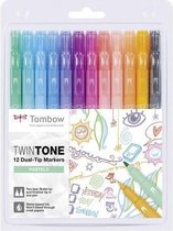 Tombow TwinTone Marker Set – Pastel Colours - Set van 12 + A6 Handlettering Oefenblok – Ansichtkaarten