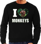 I love monkeys trui met dieren foto van een Orang oetan aap zwart voor dames - cadeau sweater apen liefhebber L