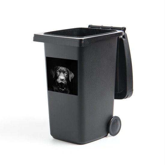 Container sticker Close-up Dieren in Zwart-Wit - Close-up labrador puppy tegen zwarte achtergrond in zwart-wit Klikosticker - 40x40 cm - kliko sticker - weerbestendige containersticker