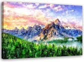 Schilderij zonsopgang in de bergen (print op canvas), 2 maten, multi-gekleurd