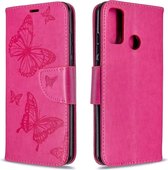 Voor Huawei P Smart (2020) Twee vlinders Embossing patroon Horizontale flip lederen tas met houder & kaartsleuf & portemonnee & lanyard (roze)