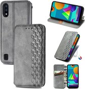 Voor Samsung Galaxy M01 Cubic Grid Pressed Horizontal Flip Magnetic Leather Case met houder & kaartsleuven & portemonnee (grijs)
