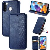 Voor Samsung Galaxy A21 (EU-versie) Cubic Grid Pressed Horizontal Flip Magnetic Leather Case met houder & kaartsleuven & portemonnee (blauw)