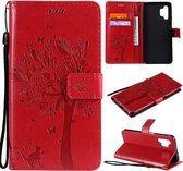 Voor Samsung Galaxy A32 5G Boom & Kat Patroon Geperst Afdrukken Horizontale Flip PU Lederen Case met Houder & Kaartsleuven & Portemonnee & Lanyard (Rood)