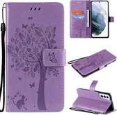 Voor Samsung Galaxy S21 + 5G Boom & Kat Patroon Geperst Afdrukken Horizontale Flip PU Lederen Case met Houder & Kaartsleuven & Portemonnee & Lanyard (Lavendel)