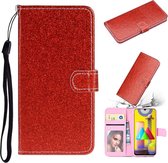 Voor Samsung Galaxy A21s Glitter Poeder Horizontale Flip Leren Case met Kaartsleuven & Houder & Fotolijst & Portemonnee & Lanyard (Rood)