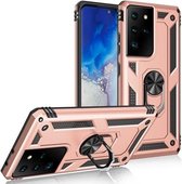 Voor Samsung Galaxy S21 Ultra 5G schokbestendige TPU + pc-beschermhoes met 360 graden roterende houder (roségoud)