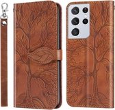 Voor Samsung Galaxy S21 Ultra 5G Life of Tree Embossing Pattern Horizontale flip lederen tas met houder & kaartsleuf & portemonnee & fotolijst & lanyard (bruin)