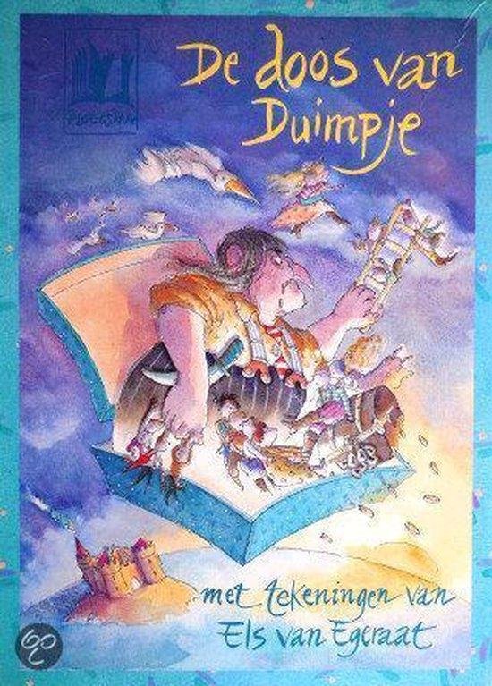 De doos van Duimpje met tekeningen van Els van Egeraat. Een sprookjesachtig tafereel met een heks die uit een boek klimt, met vogels en een kasteel.