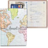 kwmobile Paspoorthouder - Hoesje voor paspoort en reisdocumenten - Flip cover - Met elastische band - Travel Wereldkaart design