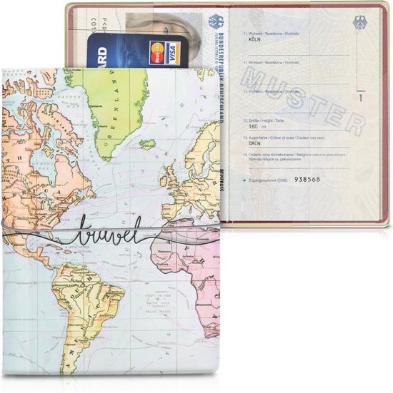 Porte-passeport kwmobile - Étui pour passeport et documents de voyage - Étui à rabat - Avec bande élastique - Conception de Wereldkaart de voyage