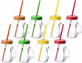 8x stuks Glazen Mason Jar drinkbekers met dop en rietje 500 ml - 4x kleuren, 2x stuks per kleur