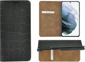 Samsung S21 hoesje - Bookcase - Samsung Galaxy S21 hoesje - Portemonnee Wallet case Ultra dun Echt leer Croco Zwart