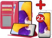 Samsung A72 Hoesje Book Case Met 2x Screenprotector - Samsung Galaxy A72 Hoesje Wallet Case Portemonnee Hoes Cover - Donker Roze