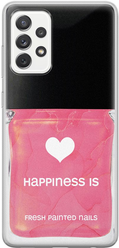 Coque noire pour smartphone, imprimée avec un flacon de vernis à ongles rose "Happiness is fresh painted nails".