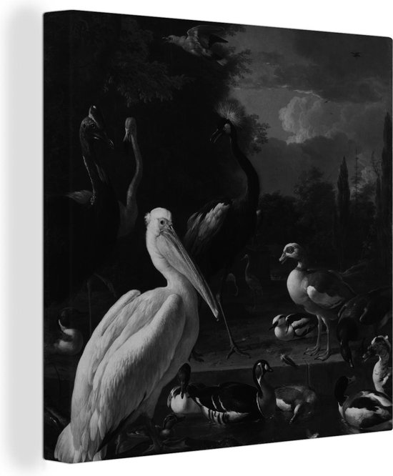 Canvas Schilderij Een pelikaan en ander gevogelte bij een waterbassin - Melchior d'Hondecoeter - 50x50 cm - Wanddecoratie