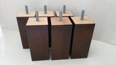 Set van 6 stuks houten Boxspring Bedden Meubelpoten Wengé (donker bruin) Beuken 13 cm hoogte 7x7 cm met M8 draadeinde